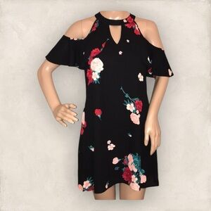 Candies Floral Cold Shoulder Dress - Black Pink and Red Size Small